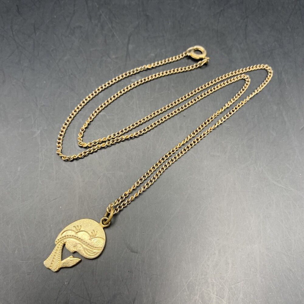 Prayer Silhouette Pendant Necklace Gold Tone Girl Lady Praying Vintage